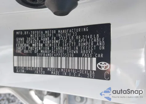 2023 Toyota Corolla Le z USA, uszkodzony, nr VIN 5YFB4MDE4PP035098